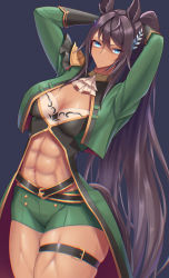 Rule 34 | 1girl, abs, absurdres, animal ears, arms behind head, arms up, ascot, belt, black belt, blue background, blue eyes, breasts, brown hair, cleavage, closed mouth, commentary request, cowboy shot, cropped jacket, dark-skinned female, dark skin, ear ornament, green jacket, green shorts, hair between eyes, highres, horse ears, horse girl, horse tail, jacket, long hair, long sleeves, looking at viewer, medium breasts, navel, nazimi (sickly7), ponytail, short shorts, shorts, sidelocks, simple background, skindentation, solo, standing, stomach, symboli kris s (umamusume), tail, thigh strap, tying hair, umamusume, waistcoat, white ascot