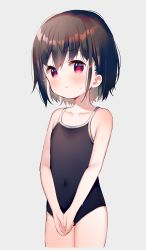 Rule 34 | 1girl, bare arms, bare shoulders, black hair, black one-piece swimsuit, blush, closed mouth, collarbone, covered navel, cowboy shot, grey background, hair between eyes, highres, meito (maze), one-piece swimsuit, original, own hands together, red eyes, school swimsuit, simple background, solo, standing, swimsuit, wavy mouth, wet, wet hair