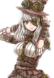 Rule 34 | 1girl, black nails, brown hat, brown skirt, bustier, earrings, eyepatch, goggles, goggles on headwear, green eyes, hand in own hair, hat, highres, jewelry, long hair, long sleeves, looking at viewer, nail polish, original, sharumon, shirt, silver hair, simple background, skirt, solo, standing, steampunk, striped clothes, striped shirt, striped skirt, vertical-striped clothes, vertical-striped shirt, vertical-striped skirt, white background, white shirt