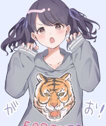 Rule 34 | 1girl, artist request, black hair, blue background, claw pose, collarbone, commentary request, fang, fukumaru koito, hair ribbon, highres, hood, hoodie, idolmaster, idolmaster shiny colors, looking at viewer, open mouth, print hoodie, red eyes, ribbon, skin fang, sleeves past wrists, solo, swept bangs, translation request, twintails, upper body