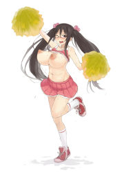 Rule 34 | 1girl, black hair, blush, breasts, brown eyes, brown hair, cheerleader, chiwino, clothes lift, glasses, huge breasts, leg lift, long hair, nipples, no bra, one eye closed, oppao-san, original, pom pom (cheerleading), shirt lift, skirt, solo, sweat, twintails, wink