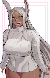 Rule 34 | 1girl, alternate costume, animal ear fluff, animal ears, arms at sides, artist name, blush, boku no hero academia, breasts, cowboy shot, curvy, dark-skinned female, dark skin, forehead, grey hair, gud0c, highres, impossible clothes, impossible sweater, large breasts, long hair, looking at viewer, mirko, open mouth, outline, panties, parted bangs, patterned background, pink panties, rabbit ears, raised eyebrow, red eyes, ribbed sweater, shiny skin, sidelocks, sleeves past wrists, slit pupils, smile, solo, sweater, teeth, thighs, turtleneck, turtleneck sweater, underwear, very long hair, white background, white sweater