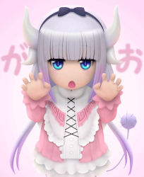 Rule 34 | 10s, 1girl, blue eyes, blunt bangs, blush, capelet, claw pose, dragon girl, gao, gradient hair, hairband, highres, horns, kanna kamui, kobayashi-san chi no maidragon, light purple hair, long hair, looking at viewer, low twintails, multicolored hair, open mouth, pink background, siraha, solo, tail, text focus, translated, twintails, very long hair