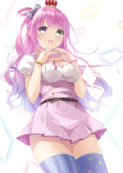 Rule 34 | 1girl, blush, breasts, candy hair ornament, cleavage, crescent print, crown, dress, food-themed hair ornament, green eyes, hair ornament, heart, heart hands, highres, himemori luna, himemori luna (1st costume), hololive, kishimaharuno, long hair, looking at viewer, medium breasts, mini crown, miniskirt, open mouth, pink hair, pink skirt, purple eyes, purple thighhighs, sidelocks, skirt, smile, solo, star (symbol), star print, striped clothes, striped thighhighs, thighhighs, vertical-striped clothes, vertical-striped thighhighs, virtual youtuber, white background, white dress