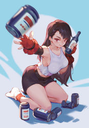 Rule 34 | 1girl, armpits, bare shoulders, black hair, black skirt, bottle, breasts, can, closed mouth, collarbone, crushed can, earrings, final fantasy, final fantasy vii, fingerless gloves, full body, gloves, highres, holding, holding bottle, jewelry, kneeling, large breasts, long hair, looking at viewer, miniskirt, red eyes, red gloves, shirt, shop p, skirt, sleeveless, smile, socks, solo, swept bangs, tank top, thighs, throwing, tifa lockhart, white shirt, white socks