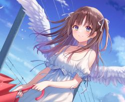Rule 34 | 1girl, bare shoulders, blue eyes, blush, brown hair, choker, clothing cutout, collarbone, commentary request, day, dress, feathered wings, fukahire (ruinon), holding, holding umbrella, original, short sleeves, shoulder cutout, sky, smile, solo, two side up, umbrella, utility pole, white choker, white dress, white wings, wings