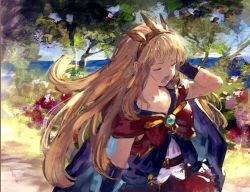 Rule 34 | 10s, 1girl, benitama, black gloves, blonde hair, cagliostro (granblue fantasy), cape, crown, day, closed eyes, gloves, granblue fantasy, hairband, long hair, open mouth, outdoors, solo
