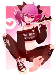 Rule 34 | 1girl, ahoge, artist name, barefoot, belt, black bow, black footwear, black nails, border, bow, choker, collarbone, commentary, commission, crop top, cross, english commentary, english text, fangs, feet, female focus, foot focus, foreshortening, full body, gradient hair, hair bow, hair ornament, hairclip, highres, holding, holding shoes, long sleeves, looking at viewer, medium hair, midriff, multicolored hair, nail polish, navel, nonamoth, off-shoulder shirt, off shoulder, open mouth, original, panties, pants, pink eyes, pink hair, pointy ears, purple hair, rika roseingrave, shadow, shirt, shoes, sidelocks, simple background, single shoe, sitting, sleeves past wrists, smile, sneakers, soles, solo, string panties, teeth, thighs, toenail polish, toenails, toes, torn clothes, torn pants, torn shirt, twintails, two side up, underwear, unworn shoe, unworn shoes, white border, white footwear