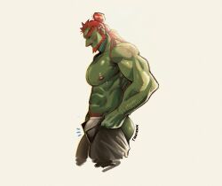 Rule 34 | 1boy, abs, arm hair, ass hair, bara, beard, big nose, blush, bulge, clothing aside, cropped legs, dressing, facial hair, flaccid, foreskin, from side, ganondorf, highres, i&#039;ve never seen a guy recreate this successfully tbh (meme), large pectorals, looking down, male focus, male underwear, male underwear aside, mature male, meme, muscular, muscular male, navel, nintendo, nipples, open pants, pants, pants lift, pectorals, short hair, solo, the legend of zelda, the legend of zelda: tears of the kingdom, tiowinwin, topless male, undersized clothes, underwear, wet, wet clothes, wet male underwear