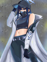Rule 34 | 1girl, baseball cap, belt, black belt, black gloves, black hat, black pants, black shirt, blue archive, blue eyes, blue hair, coat, commentary request, cowboy shot, crop top, gloves, hair between eyes, hand up, hat, highres, kobamaki, leggings, long hair, looking at viewer, mask, midriff, mouth mask, navel, open clothes, open coat, pants, partial commentary, saori (blue archive), shirt, single bare shoulder, sleeveless, sleeveless shirt, solo, standing, stomach, thighs, white coat