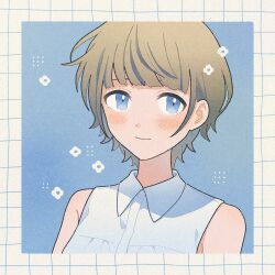 Rule 34 | 1girl, bare shoulders, blonde hair, blue background, blue eyes, blunt bangs, blush, buttons, closed mouth, collared shirt, commentary, flower, flower (symbol), grid, grid background, highres, light smile, looking at viewer, nahara saki, original, portrait, shirt, short hair, sleeveless, sleeveless shirt, solo, white flower, white shirt, wing collar