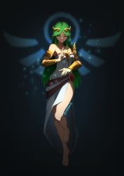 1girl artikun0 bare_shoulders black_background blush breasts dress full_body green_eyes green_hair highres jewelry kid_icarus long_hair looking_at_viewer medium_breasts necklace nintendo open_mouth palutena simple_background smile solo standing super_smash_bros. thighhighs tiara very_long_hair white_background