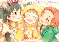 Rule 34 | 3girls, ^ ^, akagi miria, animal ears, animal hood, blunt bangs, blush stickers, bow, brown eyes, brown hair, cake, cat hood, clenched hand, closed eyes, commentary request, dog ears, english text, flower, food, food on face, fork, fruit, girl sandwich, gomennasai, hair bow, hair flower, hair ornament, holding, holding fork, hood, hood down, hood up, hoodie, ichihara nina, idolmaster, idolmaster cinderella girls, light brown hair, multiple girls, one eye closed, open mouth, orange hair, parted bangs, puffy short sleeves, puffy sleeves, ryuzaki kaoru, sandwiched, short sleeves, sidelocks, sleeves past wrists, smile, strawberry, sunflower, sunflower hair ornament