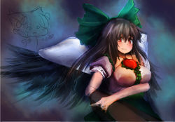 Rule 34 | arm cannon, black hair, bow, breasts, cape, chibi, hair bow, kaenbyou rin, large breasts, long hair, looking at viewer, peso (cheese company), red eyes, reiuji utsuho, shirt, smile, third eye, touhou, upper body, weapon, wings