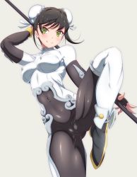 Rule 34 | 1girl, arm support, black footwear, black gloves, black hair, blush, bodysuit, breasts, bun cover, cameltoe, cleft of venus, closed mouth, commentary request, covered erect nipples, covered navel, danpu, elbow gloves, fate/grand order, fate (series), fingerless gloves, gloves, gluteal fold, green eyes, grey background, highres, holding, impossible bodysuit, impossible clothes, leg up, looking at viewer, medium breasts, qin liangyu (fate), short hair, simple background, skin tight, smile, solo, spread legs, standing, standing on one leg, swept bangs