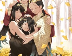 Rule 34 | 2boys, 2girls, black hair, black skirt, brothers, character request, closed eyes, facing another, facing viewer, father and son, ginkgo leaf, head out of frame, highres, hug, japanese clothes, kimetsu no yaiba, kneeling, leaf, long hair, long sleeves, mother and son, multiple boys, multiple girls, outdoors, ponytail, sarina matsumura, short ponytail, siblings, skirt, sleeveless, smile, tokitou muichirou, tree, unmoving pattern, white background