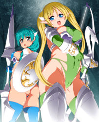 Rule 34 | 2girls, anime coloring, armor, bikini armor, blonde hair, blue eyes, blue hair, blue thighhighs, bow (weapon), braid, breasts, capitan (tsyoujo), covered erect nipples, cowboy shot, elf, forest, from side, gauntlets, glowing, gold trim, gorget, greaves, grey eyes, hair between eyes, highres, holding, holding weapon, large breasts, leg armor, legs apart, leotard, long hair, looking at viewer, multiple girls, nature, open mouth, original, outdoors, parted bangs, pointy ears, polearm, revealing clothes, shield, single braid, skin tight, skindentation, standing, surprised, teeth, thighhighs, thighs, twintails, upper teeth only, very long hair, weapon