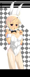 Rule 34 | 1girl, :o, absurdres, ahoge, animal ears, arms up, black nails, blonde hair, blue eyes, bow, bowtie, breasts, cameltoe, checkered background, cleavage, covered erect nipples, dclc, fake animal ears, half-closed eyes, highres, leotard, letterboxed, looking at viewer, nail polish, one-piece tan, original, pantyhose, playboy bunny, rabbit ears, rabbit tail, shiny skin, short hair, small breasts, solo, standing, tail, tan, tanline, twintails, white pantyhose, white theme, wrist cuffs
