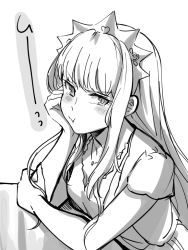 Rule 34 | 1girl, aono shimo, bad id, bad pixiv id, blouse, blunt bangs, blush, elbows on table, fate/grand order, fate (series), greyscale, head on hand, head rest, jewelry, long hair, looking at viewer, medb (fate), monochrome, necklace, pout, shirt, short sleeves, sidelocks, solo, tiara
