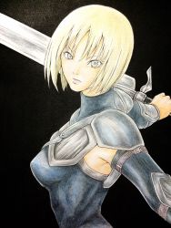 Rule 34 | 1girl, armor, armpits, black background, blonde hair, buckle, clare (claymore), claymore (series), colored pencil (medium), grey eyes, highres, leather, pauldrons, short hair, shoulder armor, solo, traditional media