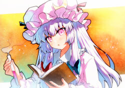 Rule 34 | 1girl, :o, bad id, bad twitter id, blue bow, blue ribbon, blush, book, bow, bun cover, collared dress, commentary, crescent, crescent hat ornament, dress, frilled shirt collar, frills, hair bow, hat, hat ornament, hat ribbon, highres, holding, holding book, holding test tube, long hair, long sleeves, mob cap, open book, open mouth, overexposure, patchouli knowledge, pink dress, pink eyes, pink hat, purple hair, qqqrinkappp, red bow, red ribbon, ribbon, sidelocks, solo, test tube, touhou, traditional media, upper body