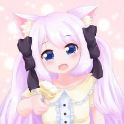 Rule 34 | 1girl, :3, animal ears, blue eyes, cake, cat ears, cat girl, cat tail, dress, food, fork, happy, highres, holding, holding food, looking at viewer, oldb, open mouth, pink hair, solo, tail, yellow dress