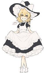 Rule 34 | 1girl, apron, black hat, blonde hair, bow, braid, clothes lift, dated, dress, dress lift, grin, hat, hat bow, highres, jill 07km, kirisame marisa, lifting own clothes, looking at viewer, short hair, short sleeves, side braid, signature, simple background, single braid, smile, socks, solo, touhou, white apron, white background, white bow, white socks, witch hat, yellow eyes