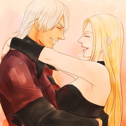 Rule 34 | 1boy, 1girl, blonde hair, blue eyes, breasts, choker, couple, dante (devil may cry), devil may cry (series), good end, happy, hetero, hug, leather, looking at another, lowres, smile, trish (devil may cry)