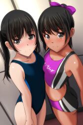 Rule 34 | 2girls, absurdres, ass, bare arms, black hair, black one-piece swimsuit, blush, breast press, breasts, brown eyes, buruma, closed mouth, collarbone, commentary request, competition swimsuit, hair ornament, highres, long hair, looking at viewer, matsunaga kouyou, multiple girls, one-piece swimsuit, original, ponytail, sidelocks, small breasts, smile, sports bikini, standing, swimsuit, symmetrical docking, tan, track uniform, twintails