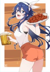 Rule 34 | 1girl, :d, alcohol, alternate costume, ass, beer, beer mug, blue eyes, blue hair, border, bow, chicken (food), cup, fire emblem, fire emblem awakening, floating hair, food, from side, fumato, hair bow, highres, holding, holding food, holding plate, hooters, long hair, looking at viewer, lucina (fire emblem), mug, nintendo, open mouth, orange shorts, plate, short shorts, shorts, smile, solo, straight hair, symbol-shaped pupils, tank top, teeth, thighs, upper teeth only, white border, white tank top