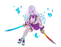Rule 34 | 1girl, ascot, black gloves, blue eyes, blue fire, breasts, cleavage, closed mouth, crossed legs, curly hair, dual wielding, enkyo yuuichirou, fire, flower, gloves, hair between eyes, highres, holding, holding sword, holding weapon, invisible chair, jacket, large breasts, long hair, looking at viewer, original, parted bangs, pink ascot, pink eyes, pink skirt, purple flower, purple rose, rose, scimitar, simple background, sitting, skirt, solo, sword, thighhighs, toeless legwear, weapon, white background, white hair, white jacket
