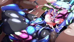 Rule 34 | 1girl, :o, blue hair, blush, bodysuit, breasts, censored, cum, cum on hair, dhimetoro, ejaculation, from side, gloves, hair ornament, handjob, highres, huge breasts, long hair, mosaic censoring, multiple penises, penis, pink eyes, puffy nipples, shiny clothes, solo focus