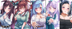 Rule 34 | 5girls, ahoge, animal ears, belt, blue hair, blush, breasts, brown hair, casual, cleavage, closed mouth, clothing cutout, collarbone, commentary request, forehead, hair ornament, highres, horse ears, horse girl, incoming food, large breasts, liukensama, long hair, looking at viewer, medium breasts, mejiro ardan (umamusume), mejiro bright (umamusume), mejiro dober (umamusume), mejiro mcqueen (umamusume), mejiro ramonu (umamusume), mole, mole under eye, multiple girls, purple eyes, shoulder cutout, smile, translation request, umamusume, white background