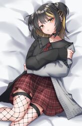 Rule 34 | 1girl, :o, absurdres, bed sheet, black hair, black shirt, blonde hair, camellia 90, cardigan, choker, collarbone, ear piercing, earrings, feet out of frame, fishnet thighhighs, fishnets, frilled sailor collar, frills, highres, idolmaster, idolmaster shiny colors, ikaruga luca, jewelry, looking at viewer, lying, multicolored hair, on back, piercing, plaid, plaid skirt, red skirt, sailor collar, shirt, skirt, solo, spiked choker, spikes, streaked hair, thighhighs, two-tone cardigan, two-tone hair, two side up, yellow eyes