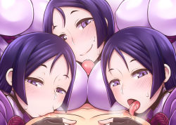 Rule 34 | 5girls, blush, breasts, clone, fate/grand order, fate (series), group sex, half-closed eyes, head tilt, heart, large breasts, licking, licking nipple, looking at viewer, male nipple licking, minamoto no raikou (fate), multiple girls, multiple persona, nipple stimulation, paizuri, paizuri over clothes, penis, pov, precum, purple eyes, purple hair, rantana (lalalalackluster), saliva, smile, sucking male nipple, sweat, tongue, tongue out, uncensored