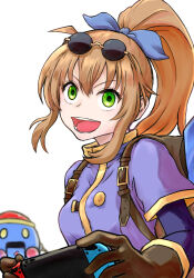 Rule 34 | 1girl, brown gloves, brown hair, eyewear on head, gloves, green eyes, highres, long hair, looking at viewer, nemimin, nintendo switch, open mouth, ponytail, precis neumann, robot, simple background, smile, solo, star ocean, star ocean the second story, sunglasses, white background
