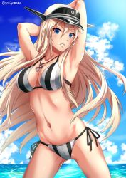 Rule 34 | 10s, 1girl, adapted costume, armpits, arms behind head, bikini, bismarck (kancolle), blonde hair, blue eyes, breasts, cleavage, cloud, cloudy sky, cross, cross necklace, day, hat, iron cross, jewelry, kantai collection, long hair, military hat, navel, necklace, ocean, outdoors, parted lips, peaked cap, sakiyamama, side-tie bikini bottom, sky, solo, swimsuit, water