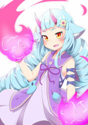 Rule 34 | 1girl, :d, ahoge, animal ear fluff, animal ears, blue hair, blunt bangs, bracelet, delmin (show by rock!!), dress, drill hair, fang, fire, hair ornament, highres, hinotama (hinotama422), horns, jewelry, long hair, looking at viewer, multicolored eyes, no nose, open mouth, pink fire, pink horns, purple dress, purple ribbon, purple sailor collar, red eyes, ribbon, sailor collar, sailor dress, show by rock!!, simple background, sleeveless, sleeveless dress, smile, solo, tsurime, twin drills, very long hair, white background, yellow eyes