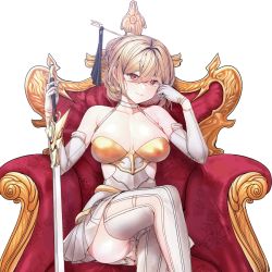 Rule 34 | 1girl, animated, animated gif, armor, blonde hair, boots, breastplate, breasts, bright pupils, choker, commission, crossed legs, detached sleeves, dungeon and fighter, faulds, gloves, hair between eyes, hair bun, hair ornament, large breasts, panties, pleated skirt, red eyes, second-party source, short hair, simple background, single hair bun, sitting, skirt, skulllee, solo, thigh boots, thighhighs, underwear, white background, white footwear, white gloves, white panties, white pupils