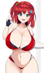 Rule 34 | 1girl, :d, asymmetrical gloves, bikini, breasts, dolphin hair ornament, dolphin wave, elbow gloves, fingerless gloves, gloves, green eyes, green scrunchie, highres, large breasts, modouchi, open mouth, red bikini, red hair, sakimiya iruka, scrunchie, smile, swimsuit, thighs