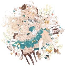Rule 34 | 1girl, :o, animal ears, bird, blue butterfly, blue dress, blush, bottle, bow, brown horns, bug, butterfly, chair, curled horns, dress, dress bow, drink, duck, duckling, ear piercing, envelope, gloves, goat, goat ears, hand up, highres, holding, holding phone, horns, insect, original, pale skin, pantyhose, phone, piercing, scissors, scissors hair ornament, sitting, stopwatch, two-tone dress, uekura eku, watch, white background, white butterfly, white dress, white gloves, white hair, white pantyhose, yellow bow, yellow eyes