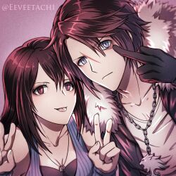Rule 34 | 1boy, 1girl, black gloves, black jacket, black shirt, blue eyes, blue vest, breasts, brown eyes, brown hair, chain necklace, cleavage, commentary, detached sleeves, double v, eeveetachi, english commentary, expressionless, eyelid pull, final fantasy, final fantasy viii, fur-trimmed jacket, fur trim, gloves, hand up, hands up, heads together, highres, jacket, jewelry, long hair, making faces, medium breasts, middle finger, necklace, open clothes, open jacket, pendant, purple background, ring, ring necklace, rinoa heartilly, shirt, short hair, sidelocks, smile, squall leonhart, tongue, tongue out, twitter username, upper body, v, vest, white fur, white shirt