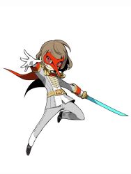 Rule 34 | 10s, 1boy, akechi gorou, brown hair, cape, energy sword, epaulettes, highres, lightsaber, male focus, mask, official art, persona, persona 5, persona q2: new cinema labyrinth, persona q (series), red eyes, solo, sword, weapon