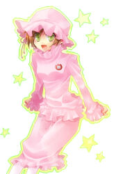 Rule 34 | 1girl, :d, azuma rin, breasts, commentary request, feet out of frame, frilled shirt, frilled skirt, frilled sleeves, frills, green eyes, hat, looking at viewer, mob cap, open mouth, outline, pink hat, pink shirt, pink skirt, shirt, shooting428star, short hair, simple background, skirt, sleeves past wrists, small breasts, smile, solo, star (symbol), white background, yellow outline, yozakura quartet
