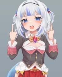 Rule 34 | 1girl, :o, absurdres, blue eyes, blue hair, blush, cleavage cutout, clothing cutout, commentary, cosplay, double middle finger, flat chest, gawr gura, grey background, hair ornament, highres, hip vent, hololive, hololive english, kiryu coco, kiryu coco (1st costume), kiryuu coco (cosplay), klaius, looking at viewer, middle finger, multicolored hair, open mouth, sharp teeth, short hair, simple background, skirt, smile, solo, streaked hair, teeth, thighhighs, virtual youtuber, white hair