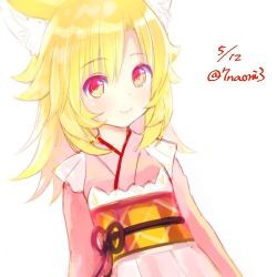 Rule 34 | 1girl, animal ears, blonde hair, blush, bow, bridal garter, fox ears, fox tail, futaba akane, hair bow, hands in pockets, long hair, looking at viewer, lowres, nanashin naomi, original, red eyes, simple background, smile, solo, standing, tail