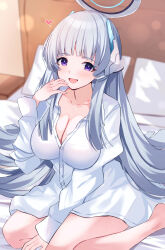 Rule 34 | 1girl, blue archive, breasts, cleavage, highres, large breasts, long hair, looking at viewer, mi taro333, noa (blue archive), open mouth, purple eyes, sitting, smile, solo, white hair