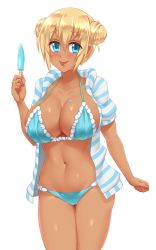 Rule 34 | 1girl, :p, arm at side, bikini, bikini under clothes, blend s, blue bikini, blue eyes, blush, breasts, cleavage, collarbone, commentary, cowboy shot, double bun, english commentary, food, food on body, groin, hair between eyes, hair bun, halterneck, hinata kaho, holding, holding food, large breasts, looking at viewer, navel, open clothes, open shirt, popsicle, shiny skin, shirt, short hair, short sleeves, sideboob, simple background, smile, solo, standing, stomach, striped clothes, striped shirt, swimsuit, tan, tareme, thighs, tongue, tongue out, twrlare, white background