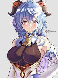 Rule 34 | 1girl, ahoge, artist name, bell, blue hair, blush, bow, breasts, chinese clothes, chinese knot, closed mouth, cowbell, detached sleeves, genshin impact, goat horns, gold trim, highres, horns, instagram logo, instagram username, kamiiart, leotard, leotard under clothes, long hair, looking at viewer, medium breasts, neck bell, red bow, smile, twitter logo, twitter username, very long hair