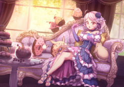 Rule 34 | 1girl, ahoge, animal ears, bare legs, bare shoulders, blue footwear, blueberry, bow, cherry, choker, couch, crossed ankles, cup, cupcake, curtains, cushion, doughnut, dress, eating, elbow gloves, eyelashes, food, frilled dress, frills, fruit, gloves, hair ornament, hair ribbon, high heels, holding, holding spoon, ice cream, indoors, layered dress, legs, licking, light purple hair, looking at viewer, macaron, nail polish, no socks, off-shoulder dress, off shoulder, open mouth, original, parted bangs, personification, puffy short sleeves, puffy sleeves, purple bow, purple gloves, purple hair, purple nails, purple ribbon, red eyes, ribbon, sandals, saucer, shoes, short hair, short sleeves, sitting, solo, spoon, table, teacup, teapot, tiered tray, toenail polish, toenails, window, yellowpaint.